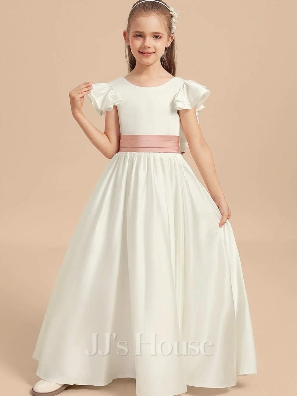 JJs House Ivory Flower Girl Satin Dress with Dusty Rose Sash